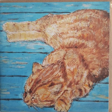 Sleeping ginger cat and blue floorboards card